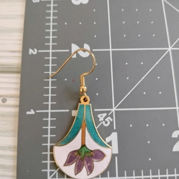 Gold Tone Enamel Green/Teal Purple Locus Flower Dangle Earrings Vintage - Picture 5 of 5